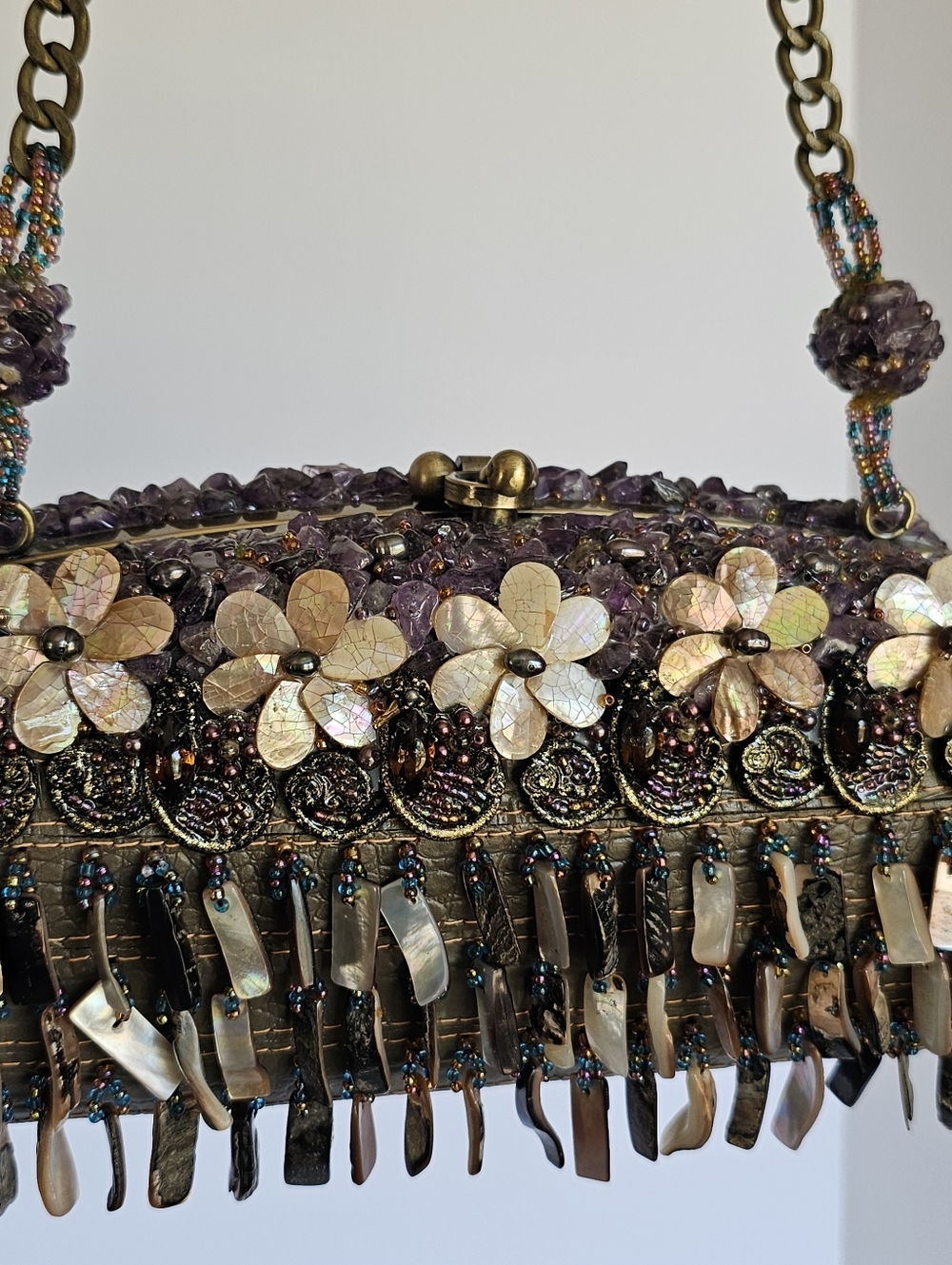 SOLD Mary Frances Beaded Clutch Purse Amethyst Shell Fringe Evening Bag